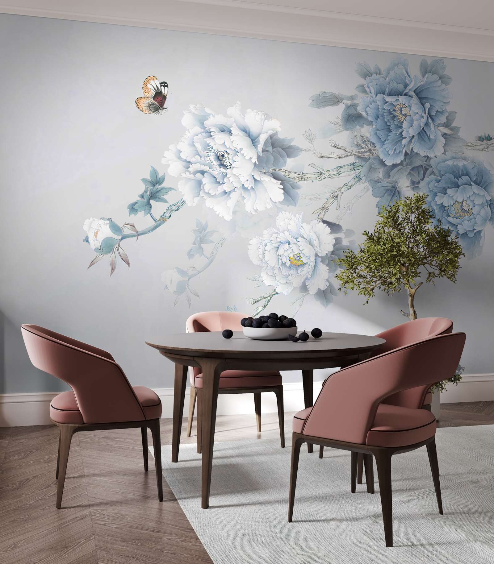 Papier peint un papillon se pose près des branches des fleurs épanouies