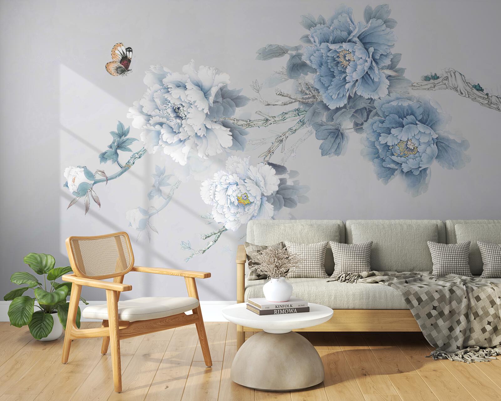 Papier peint un papillon se pose près des branches des fleurs épanouies