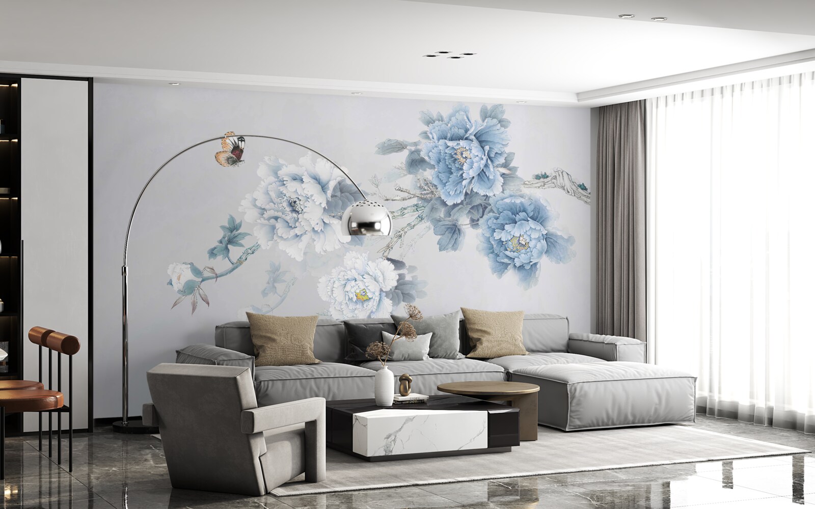 Papier peint un papillon se pose près des branches des fleurs épanouies