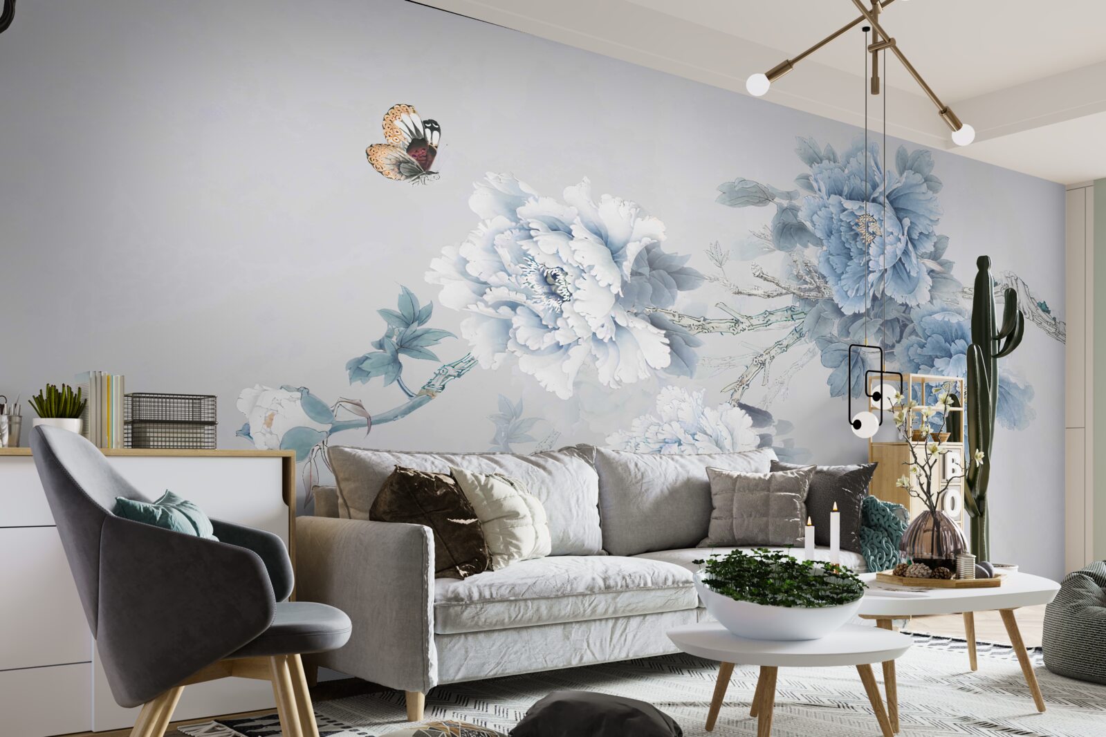 Papier peint un papillon se pose près des branches des fleurs épanouies