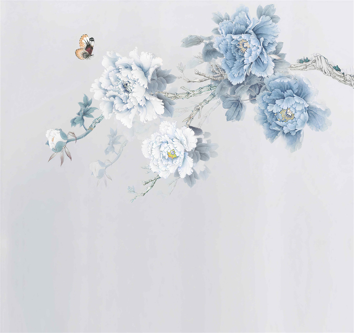 Papier peint bourgeons de fleurs blanches et bleues sur fond gris