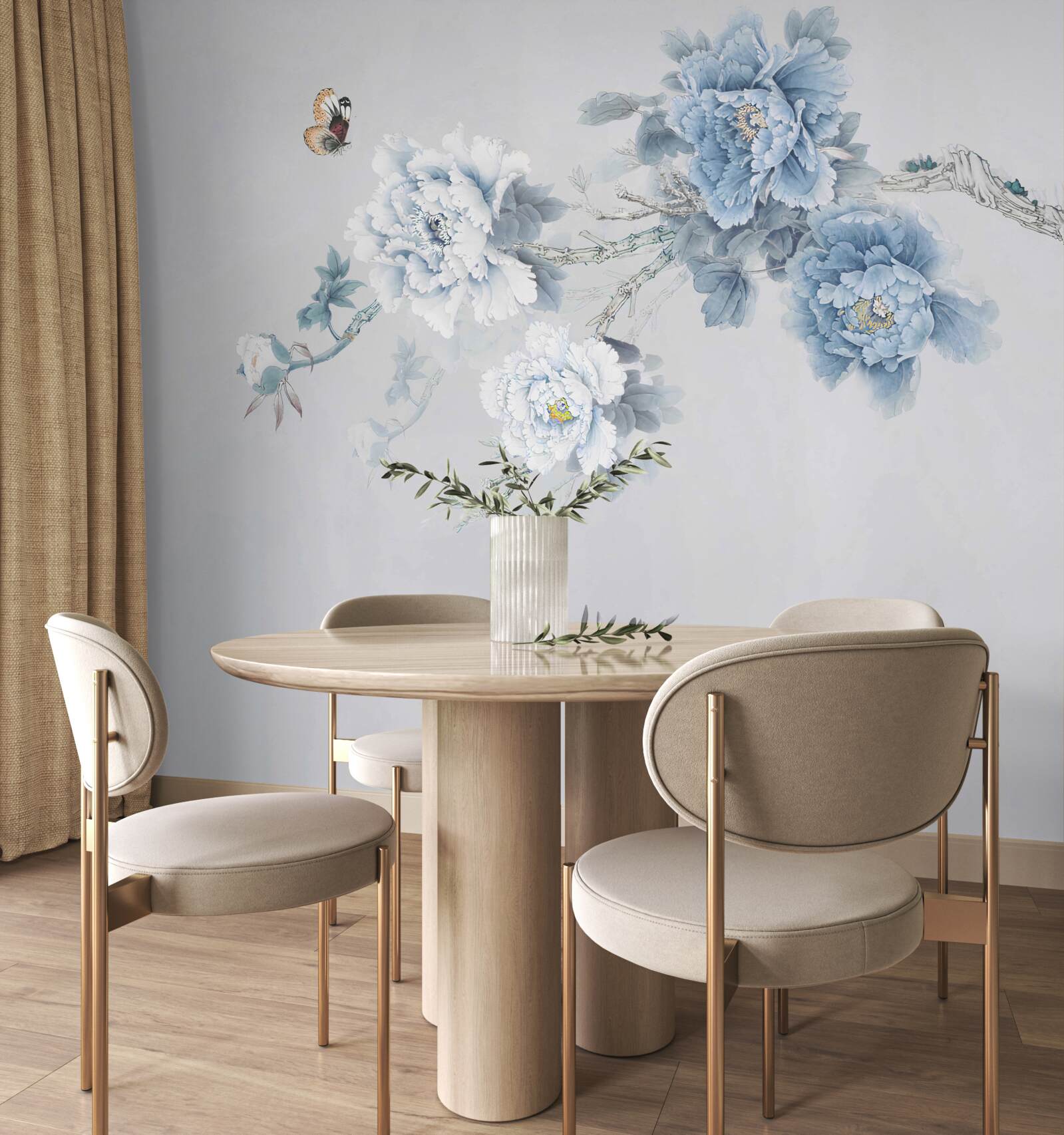 Papier peint bourgeons de fleurs blanches et bleues sur fond gris