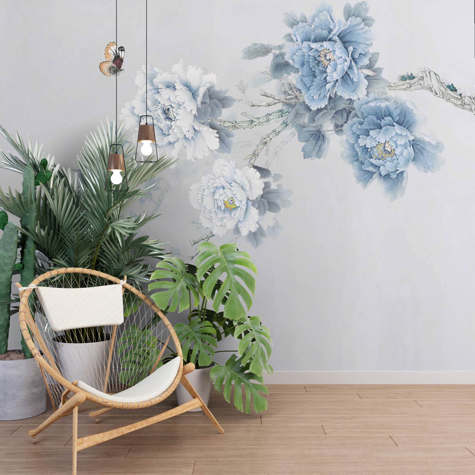 Papier peint bourgeons de fleurs blanches et bleues sur fond gris