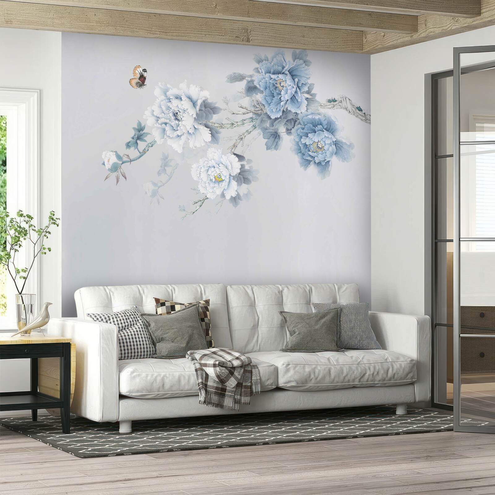 Papier peint bourgeons de fleurs blanches et bleues sur fond gris