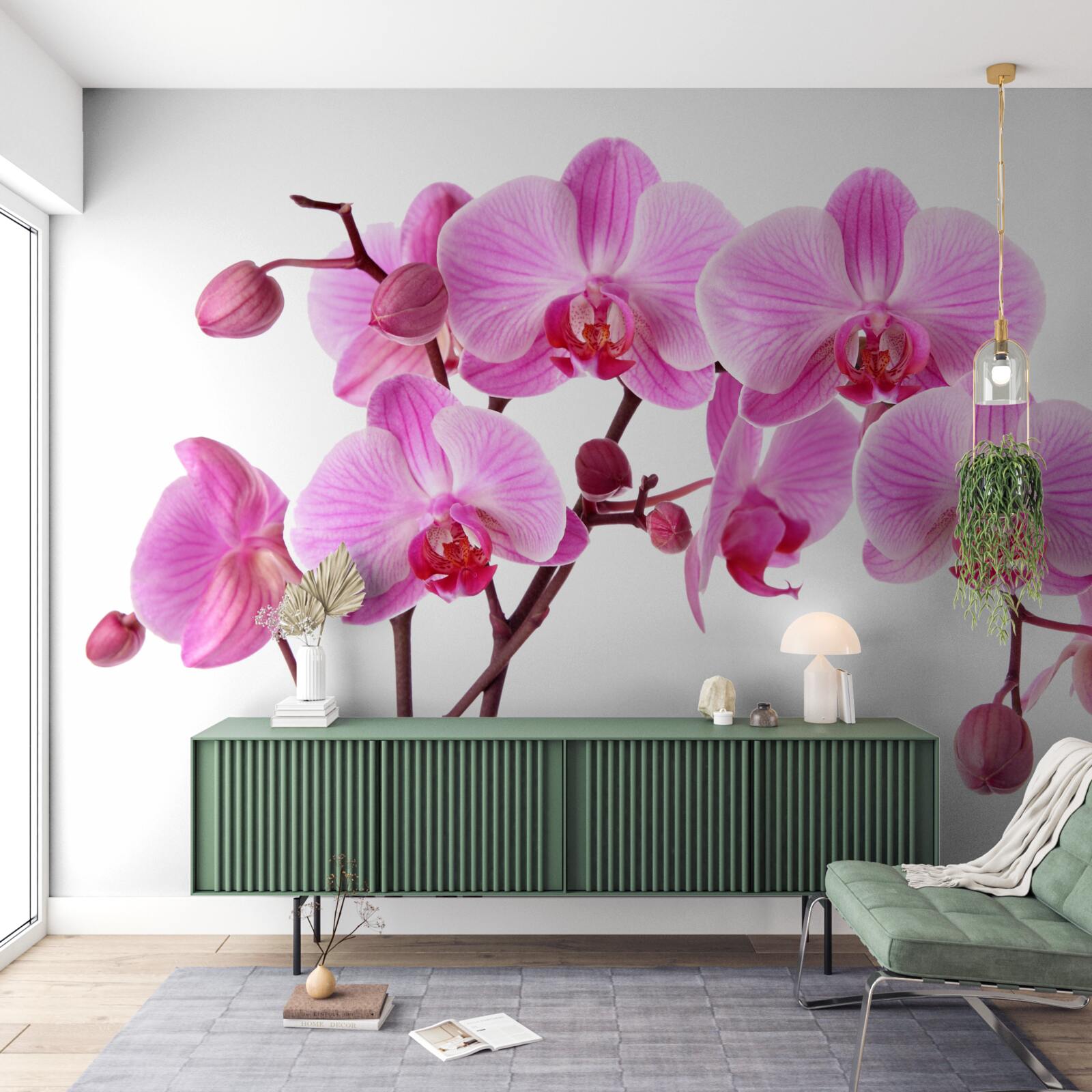 Papier peint lys rose sur une branche sur fond blanc