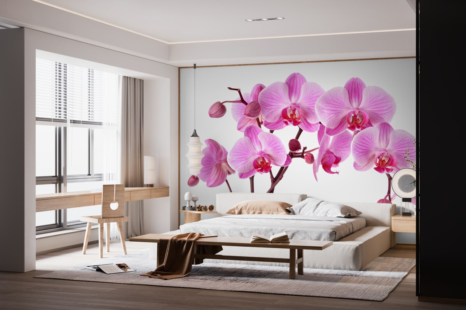 Papier peint lys rose sur une branche sur fond blanc