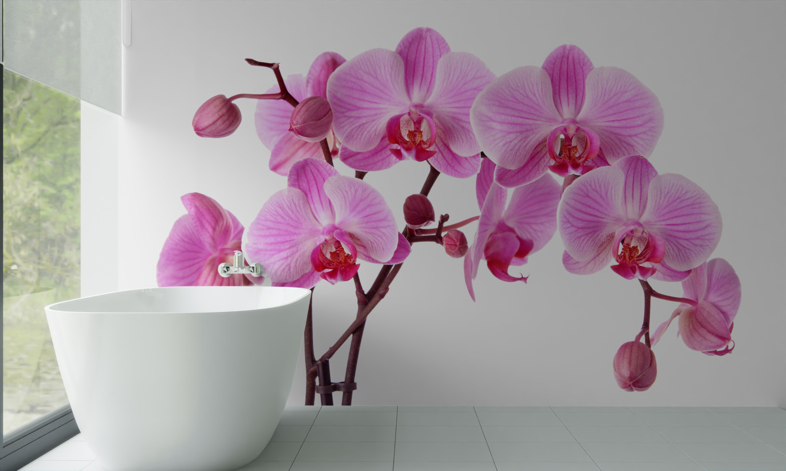 Papier peint lys rose sur une branche sur fond blanc