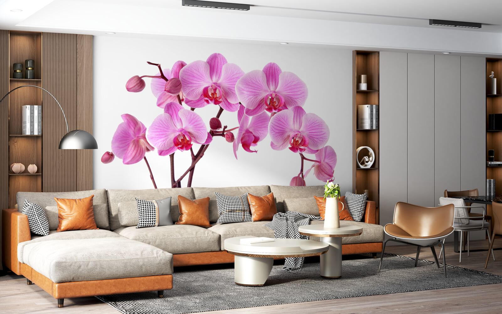 Papier peint lys rose sur une branche sur fond blanc