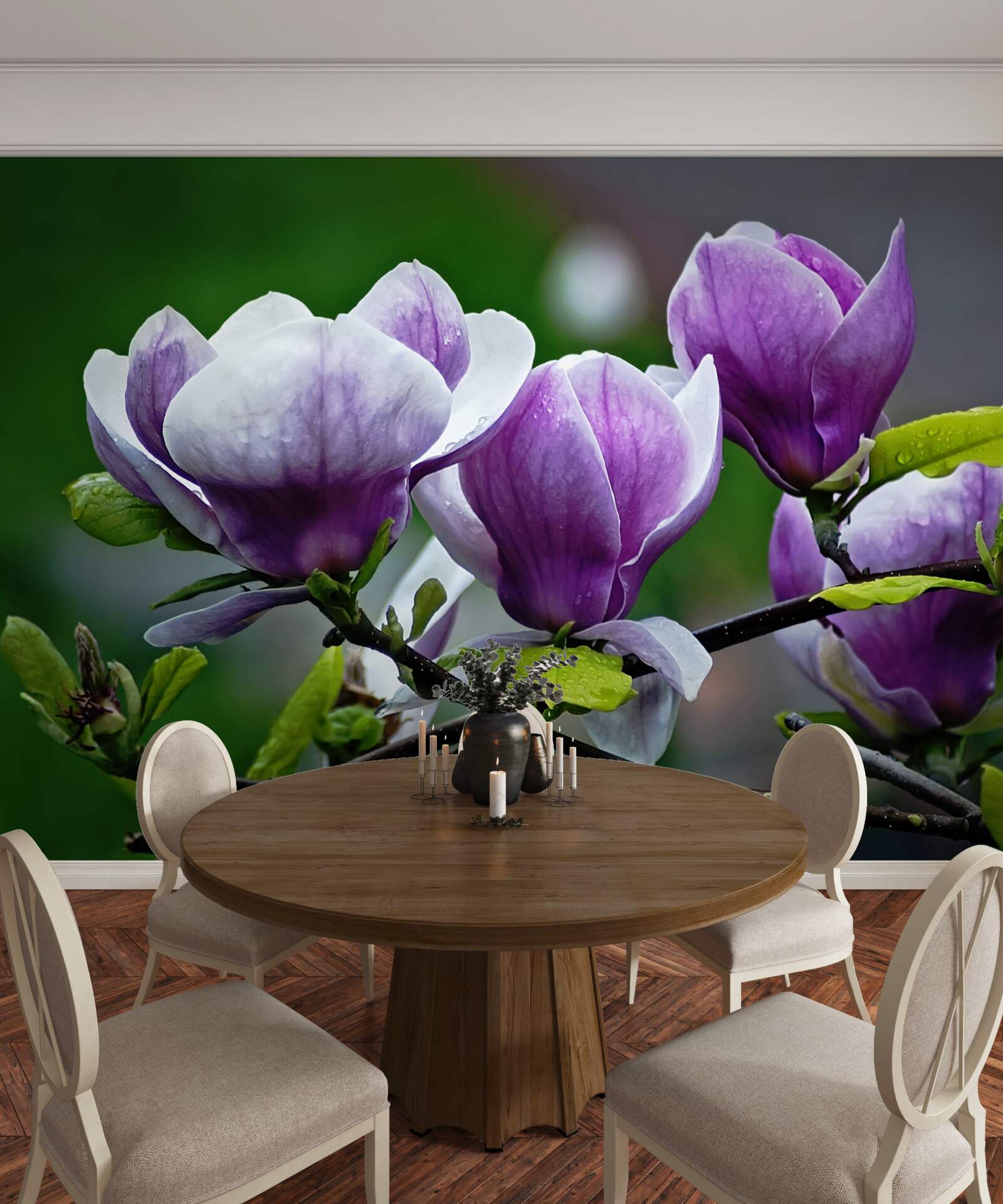 Papier peint fleurs gracieuses sur des tiges émeraude