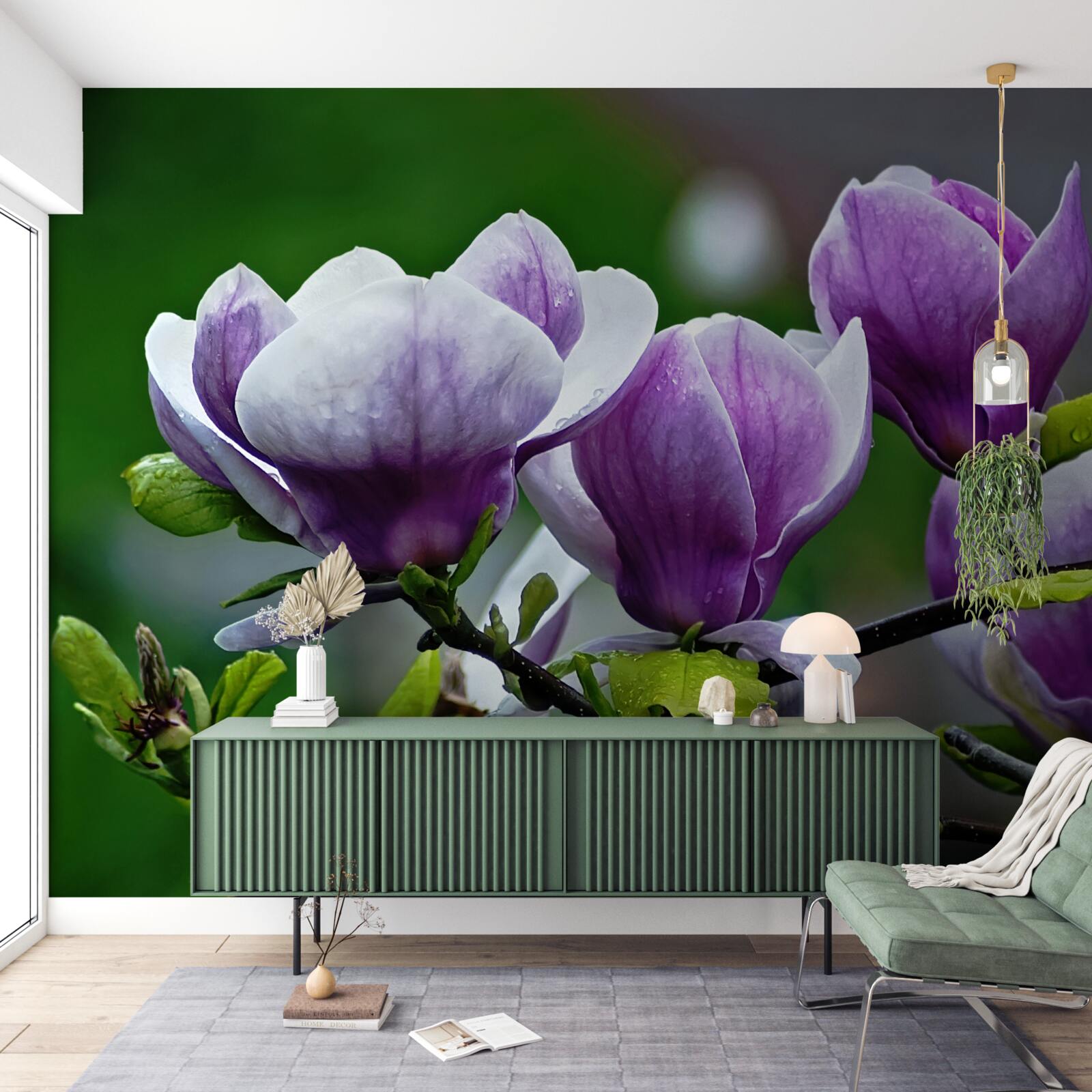 Papier peint fleurs gracieuses sur des tiges émeraude