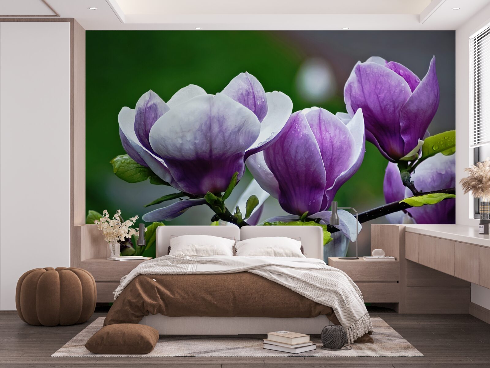 Papier peint fleurs gracieuses sur des tiges émeraude