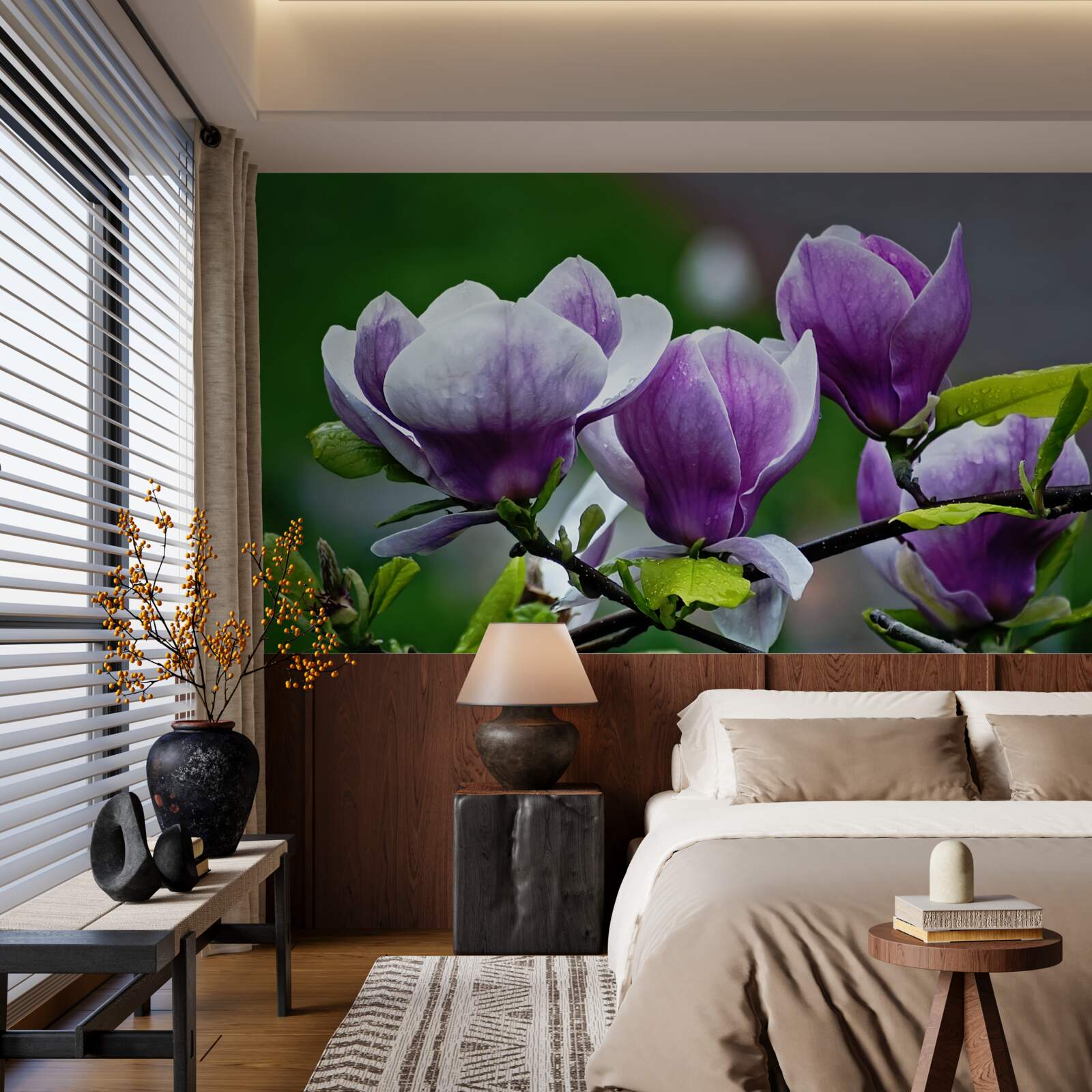 Papier peint fleurs gracieuses sur des tiges émeraude