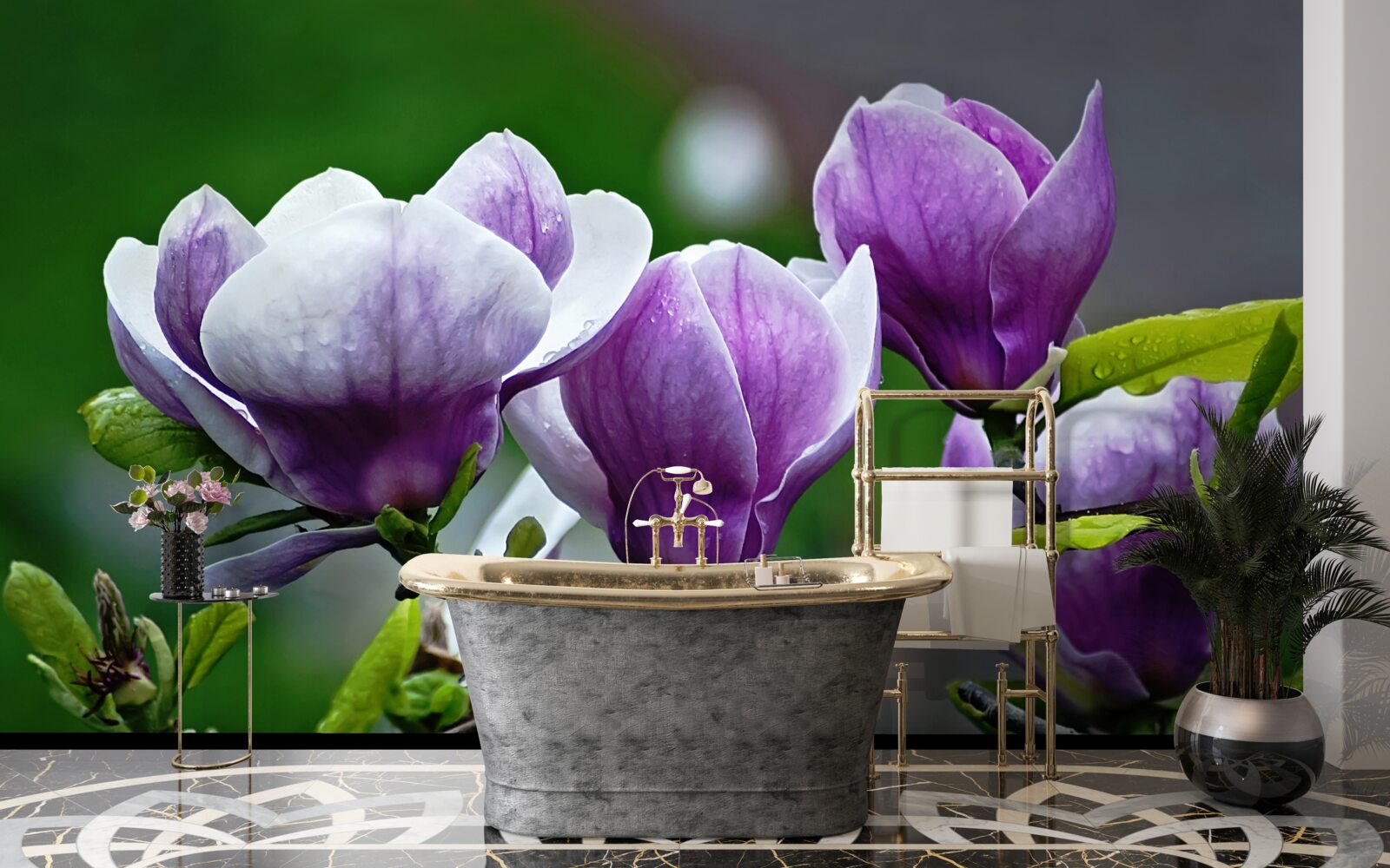 Papier peint fleurs gracieuses sur des tiges émeraude