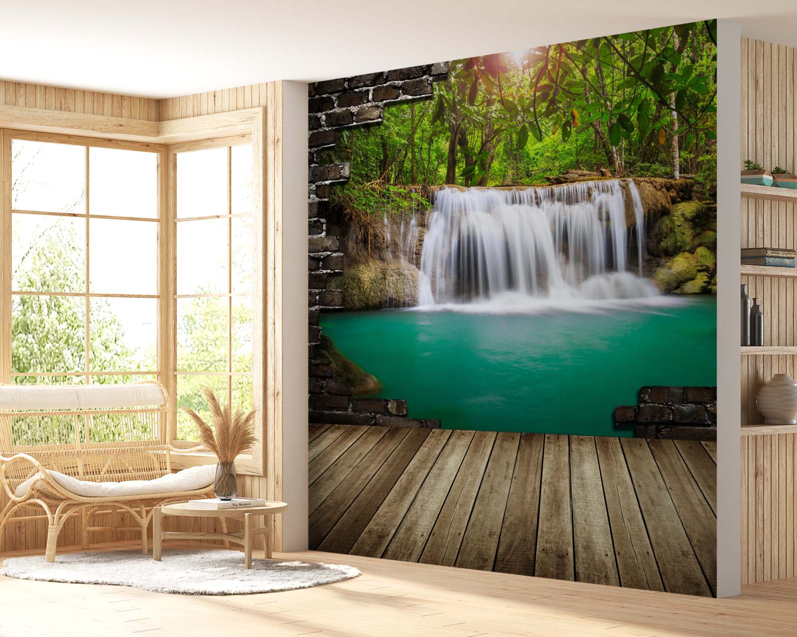 Papier peint chute d'eau en cascade près d'un pont en bois