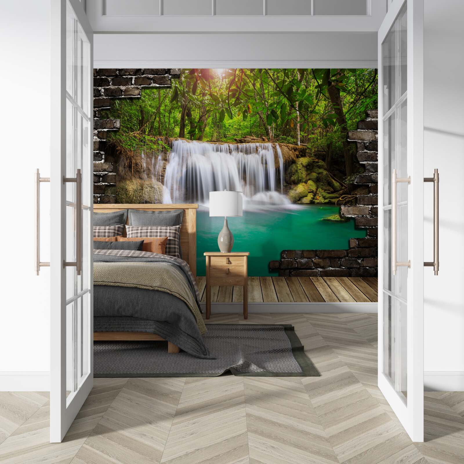 Papier peint chute d'eau en cascade près d'un pont en bois