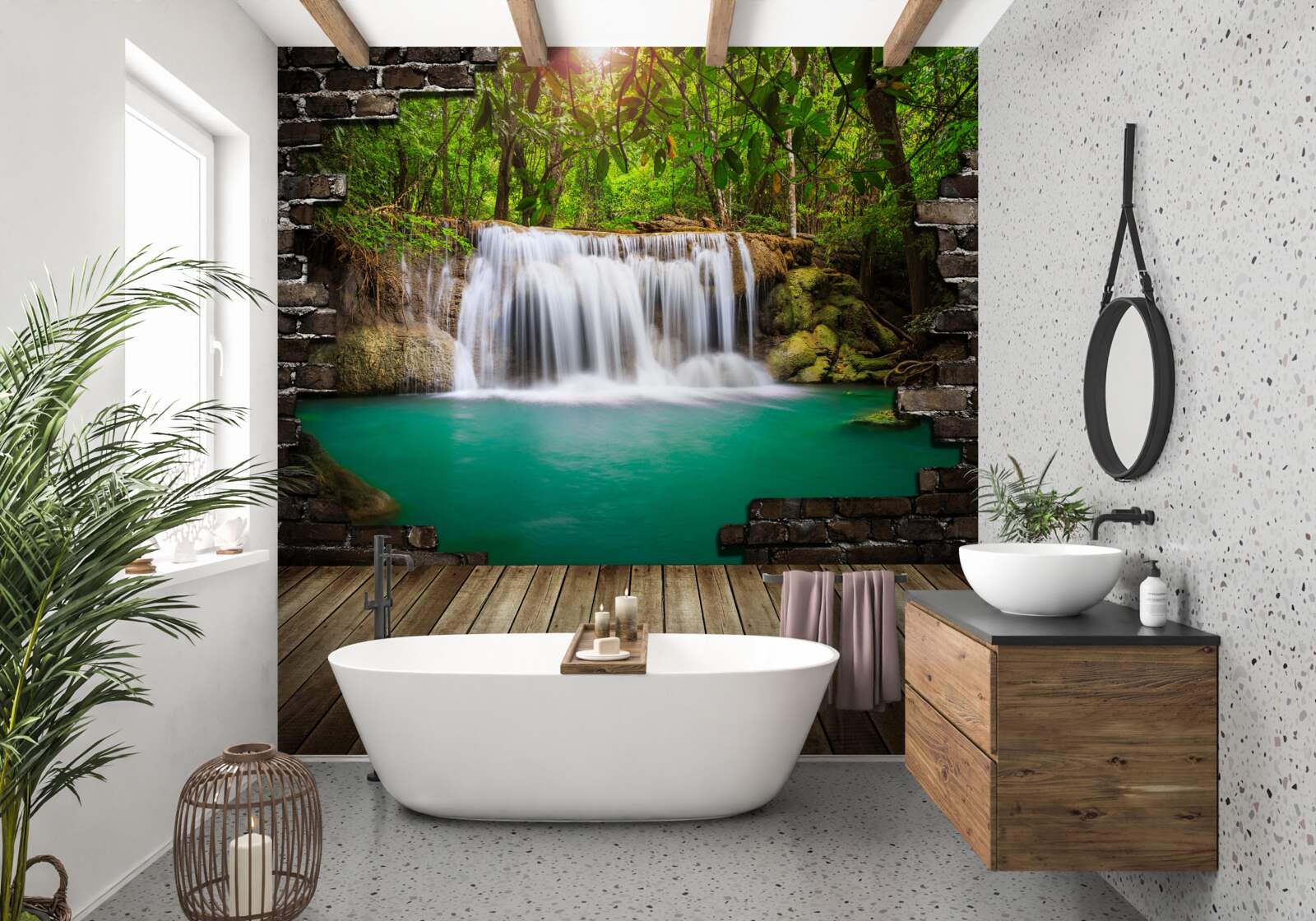 Papier peint chute d'eau en cascade près d'un pont en bois