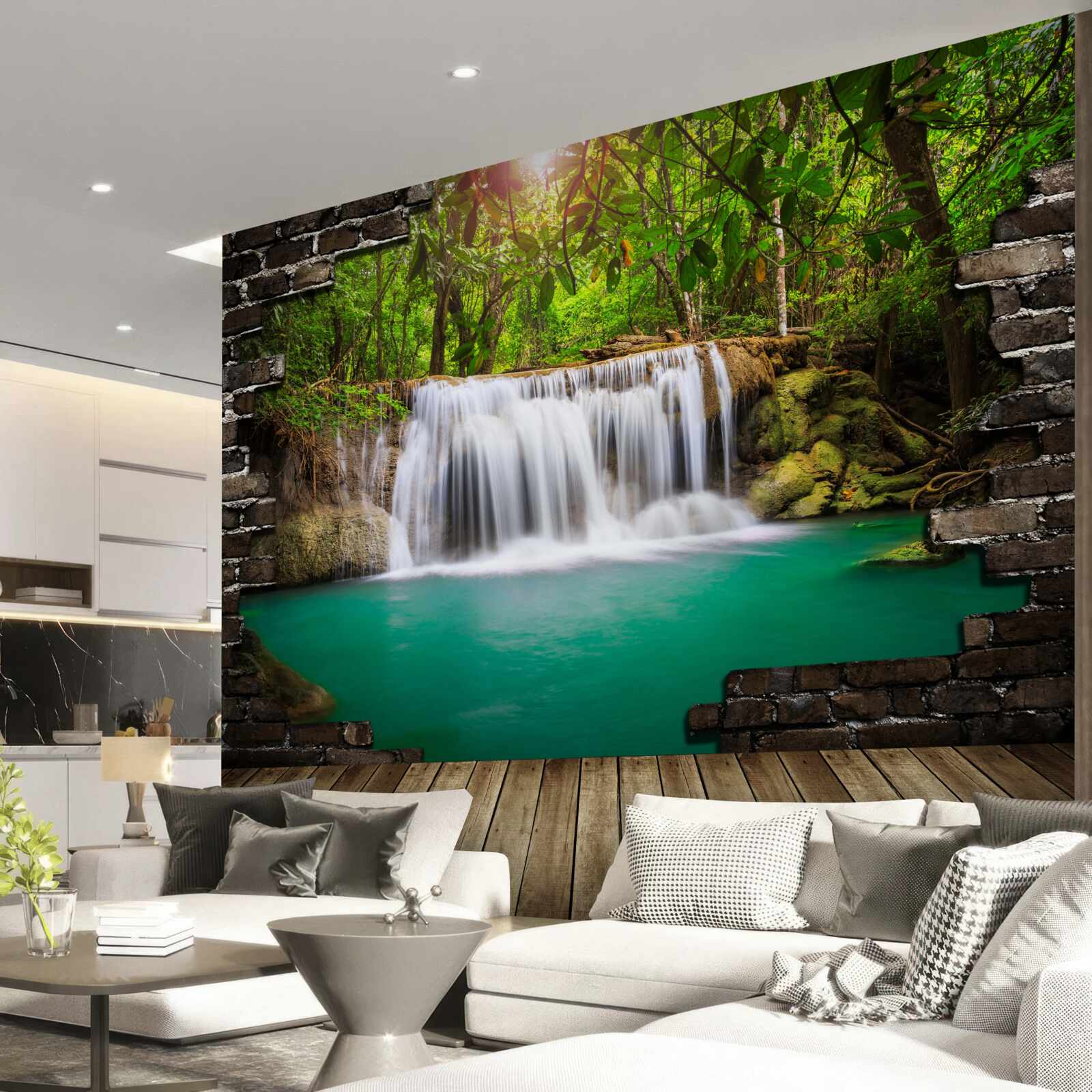 Papier peint chute d'eau en cascade près d'un pont en bois