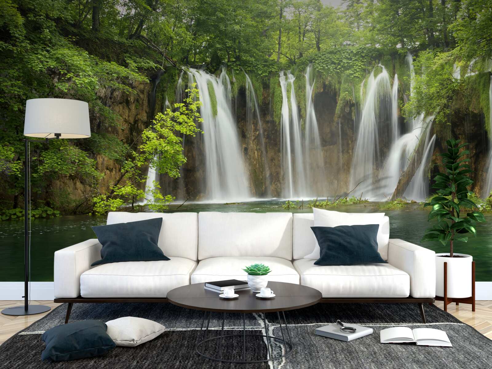 Papier peint l'eau s'écoule rapidement dans un ravin au milieu d'une forêt de montagne