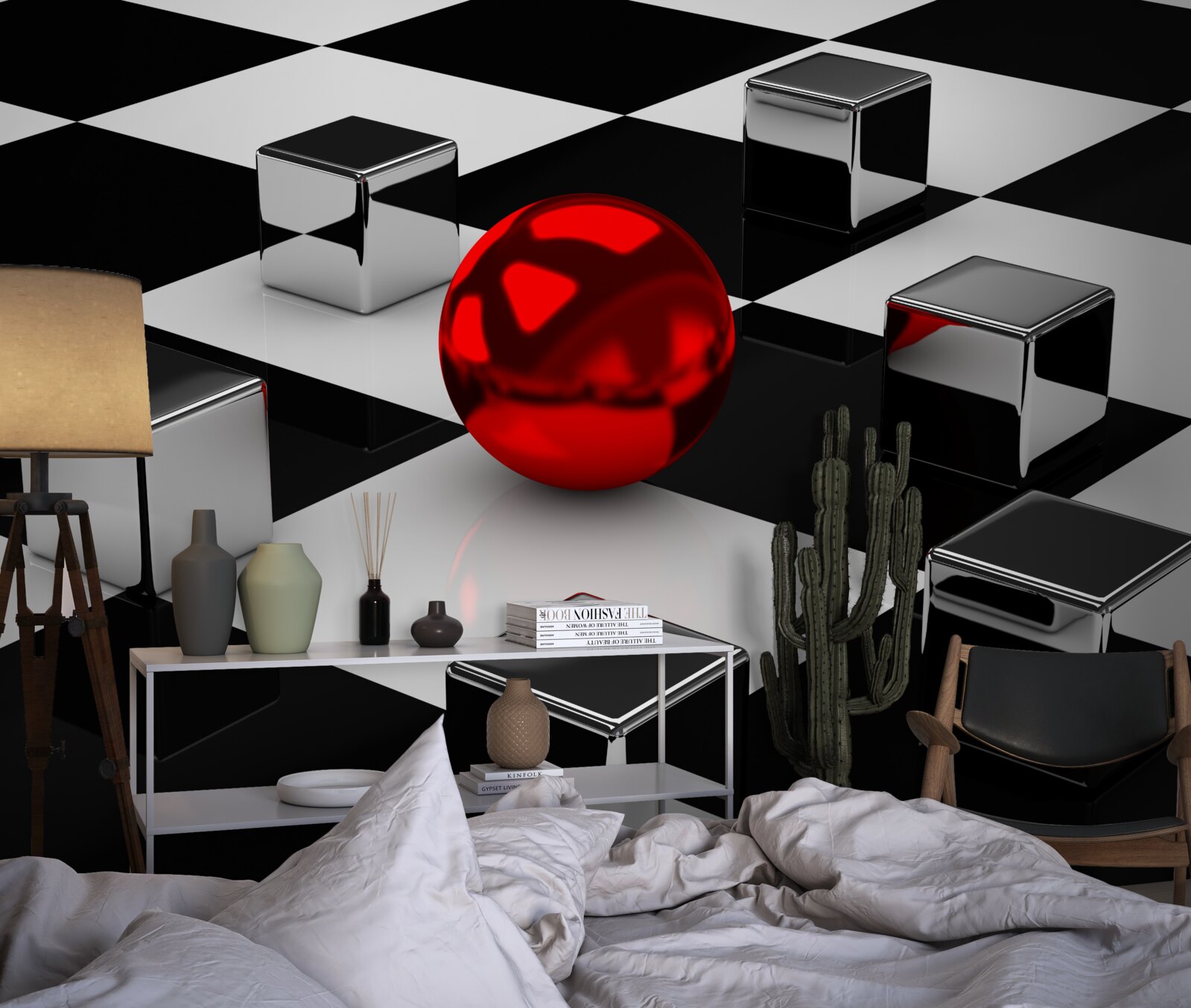 Papier peint rectangles miroirs et boule rouge