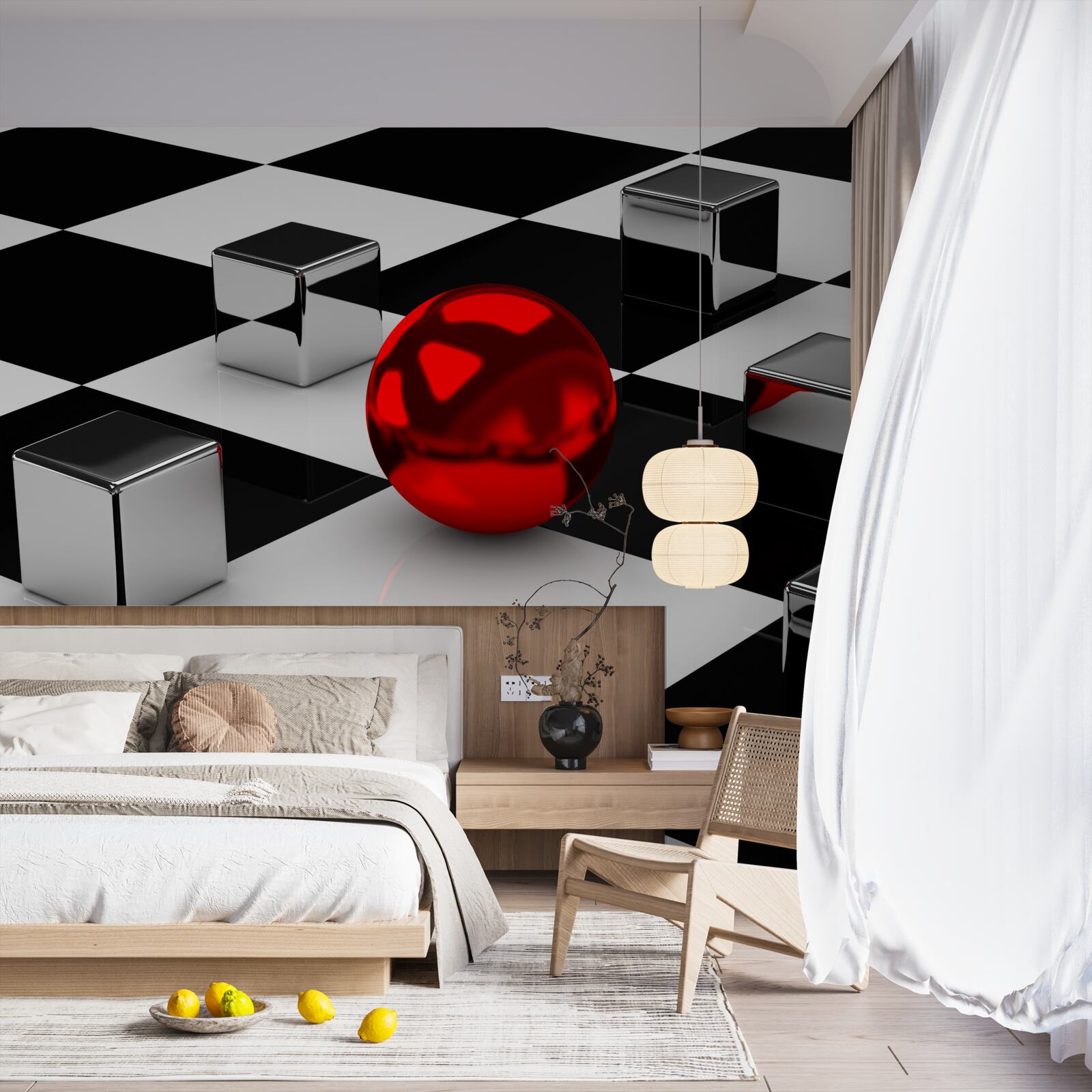 Papier peint rectangles miroirs et boule rouge