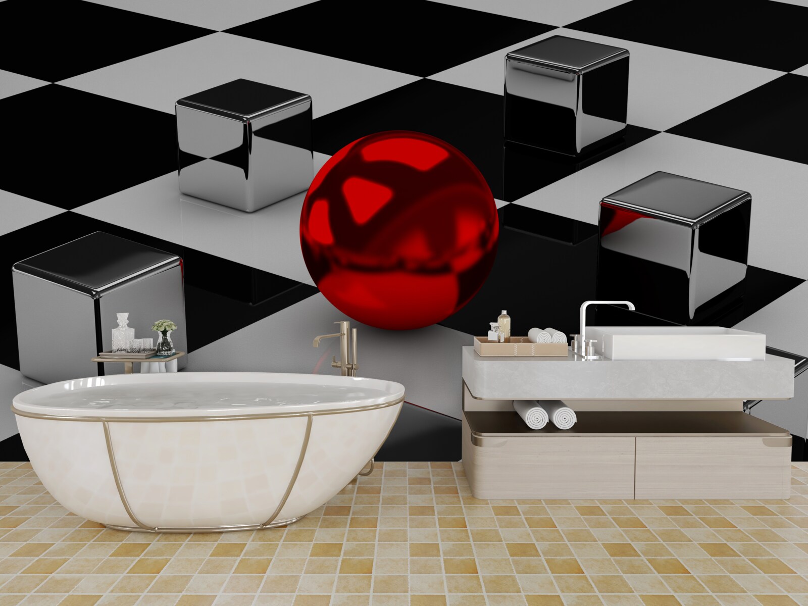 Papier peint rectangles miroirs et boule rouge