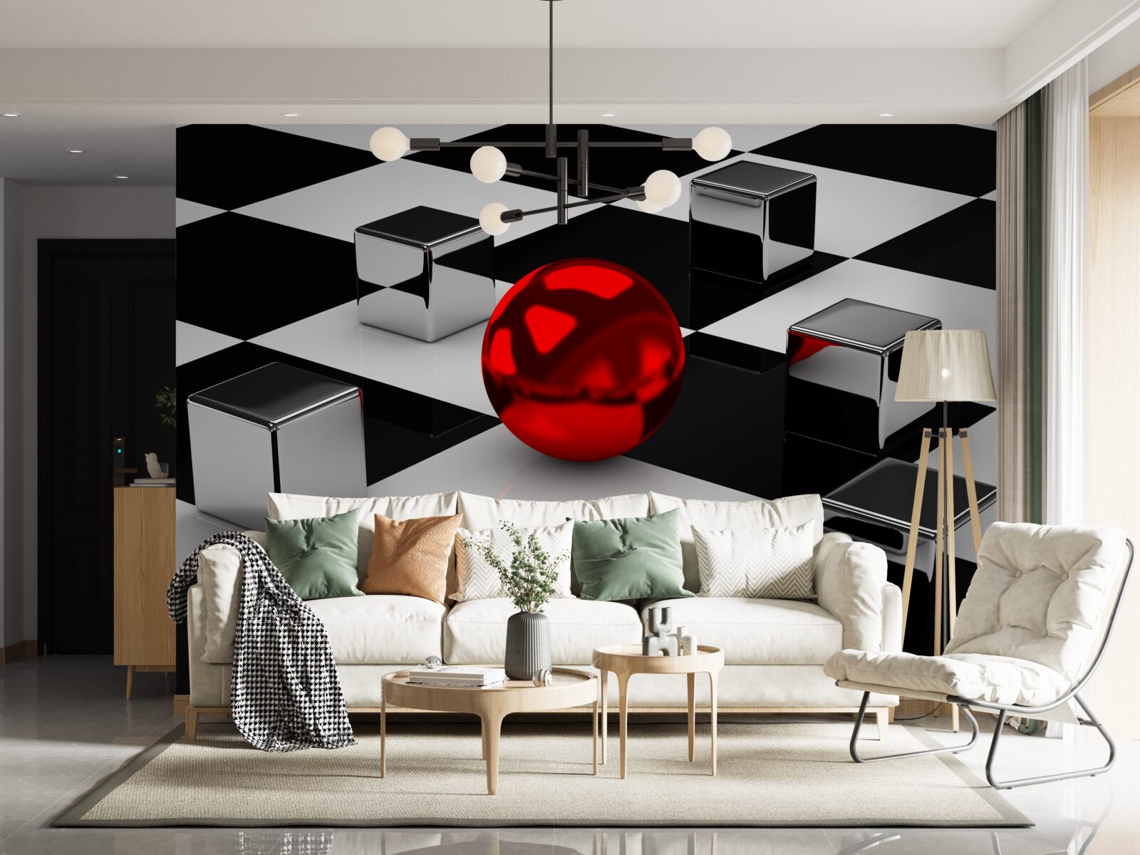 Papier peint rectangles miroirs et boule rouge