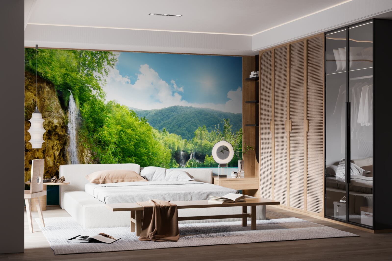 Papier peint cascade au cœur d'une forêt dense de montagne