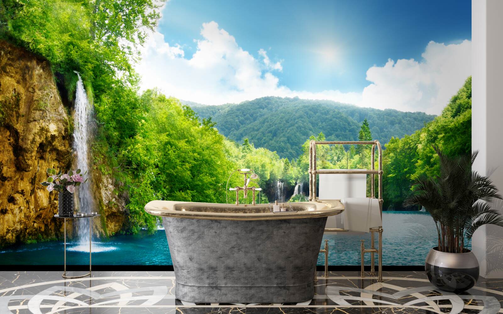 Papier peint cascade au cœur d'une forêt dense de montagne