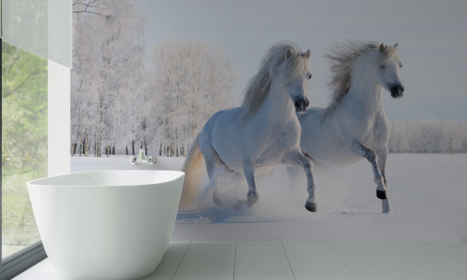 Papier peint deux chevaux galopant dans la neige