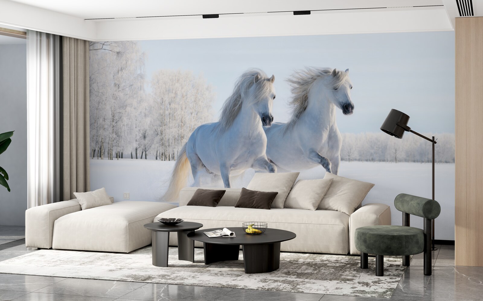 Papier peint deux chevaux galopant dans la neige