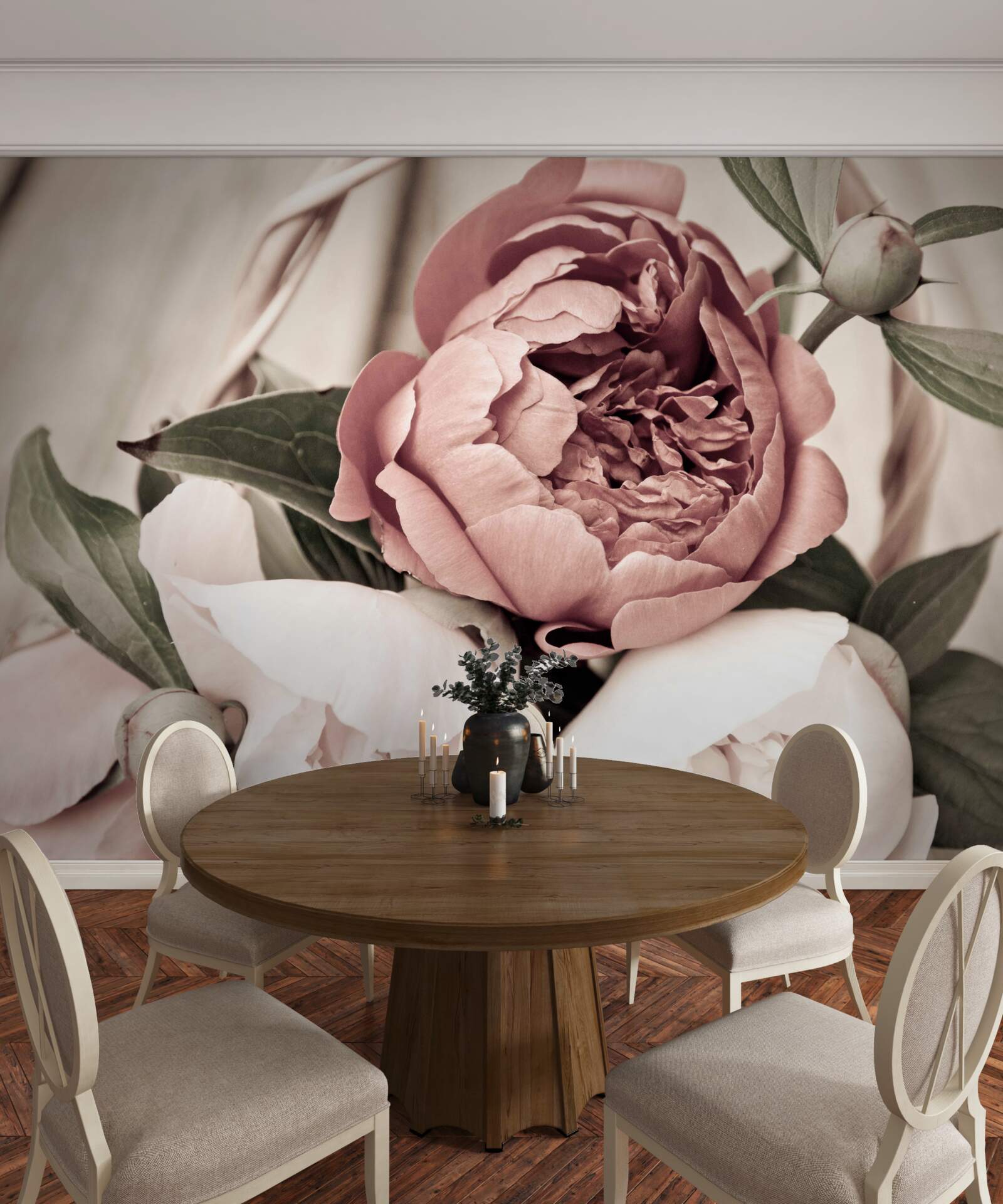 Papier peint rose délicate aux pétales luxuriants ressemblant à des pivoines