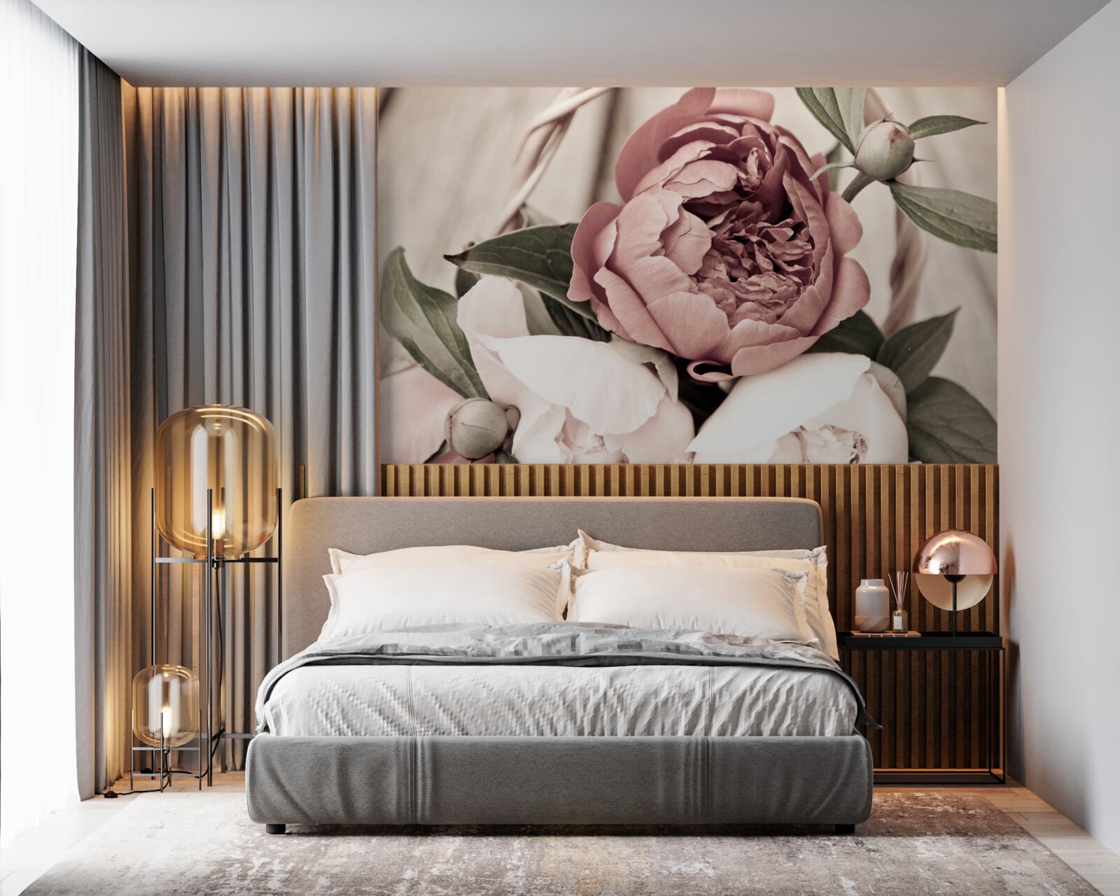 Papier peint rose délicate aux pétales luxuriants ressemblant à des pivoines