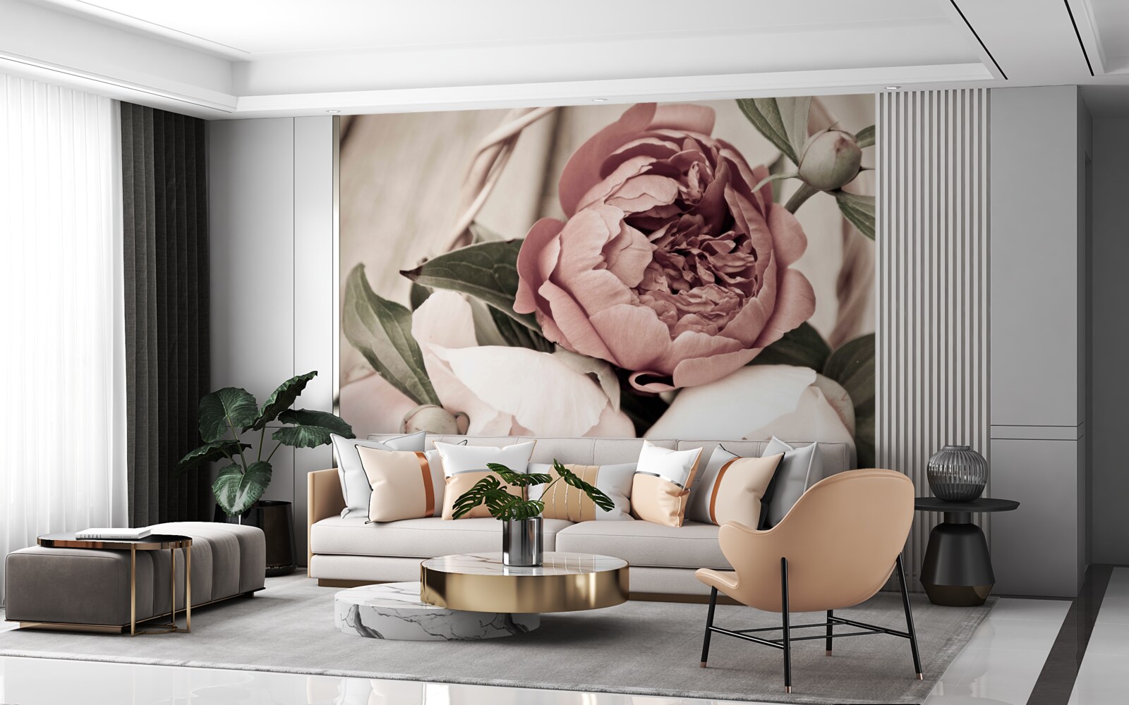 Papier peint rose délicate aux pétales luxuriants ressemblant à des pivoines