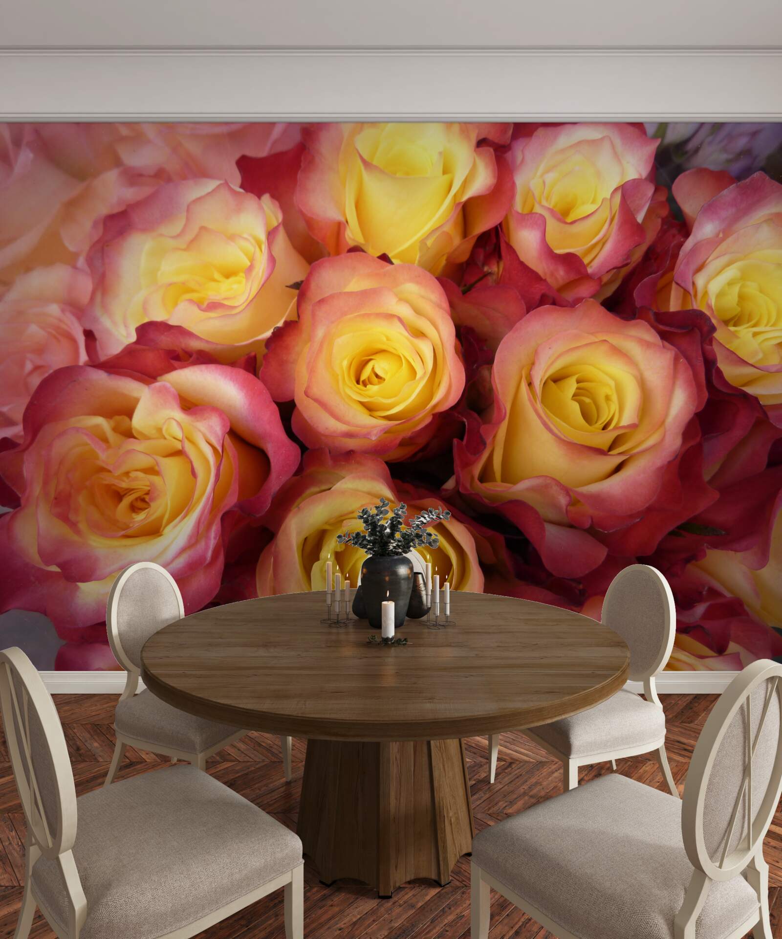 Papier peint tulipes roses avec centre jaune