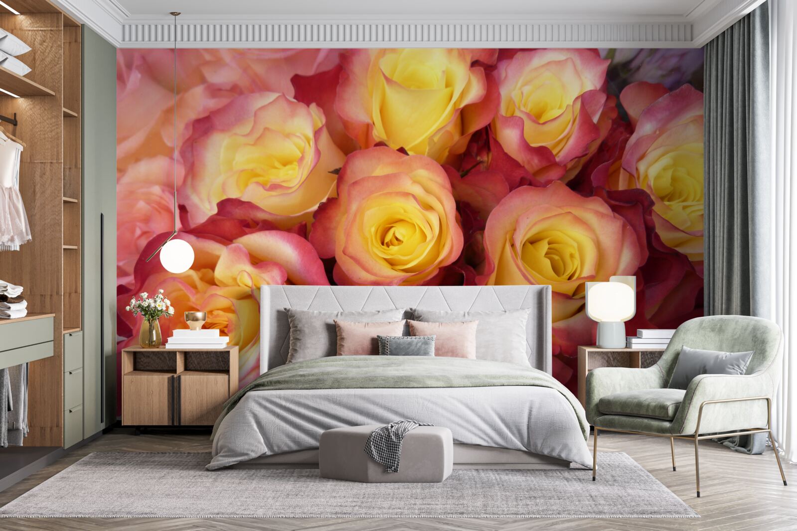 Papier peint tulipes roses avec centre jaune