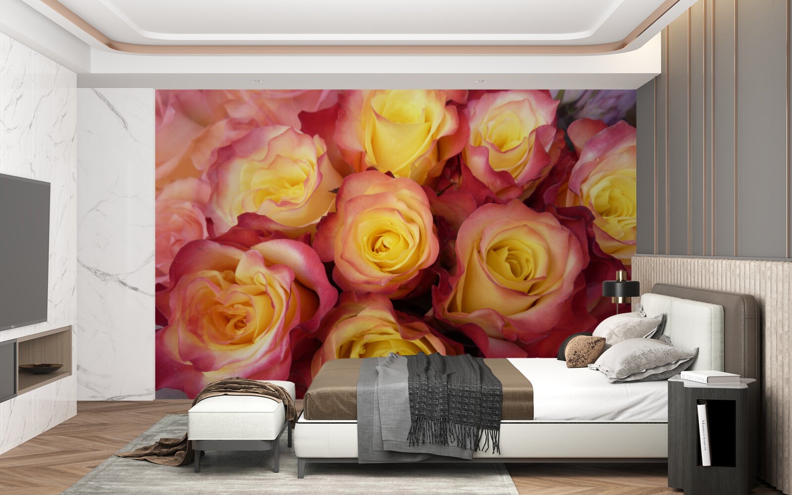 Papier peint tulipes roses avec centre jaune