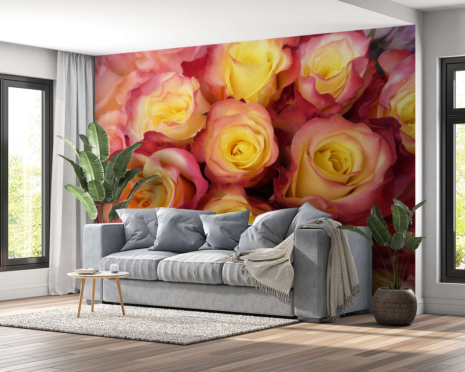 Papier peint tulipes roses avec centre jaune