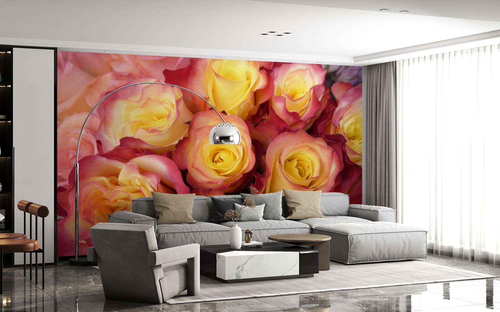 Papier peint tulipes roses avec centre jaune