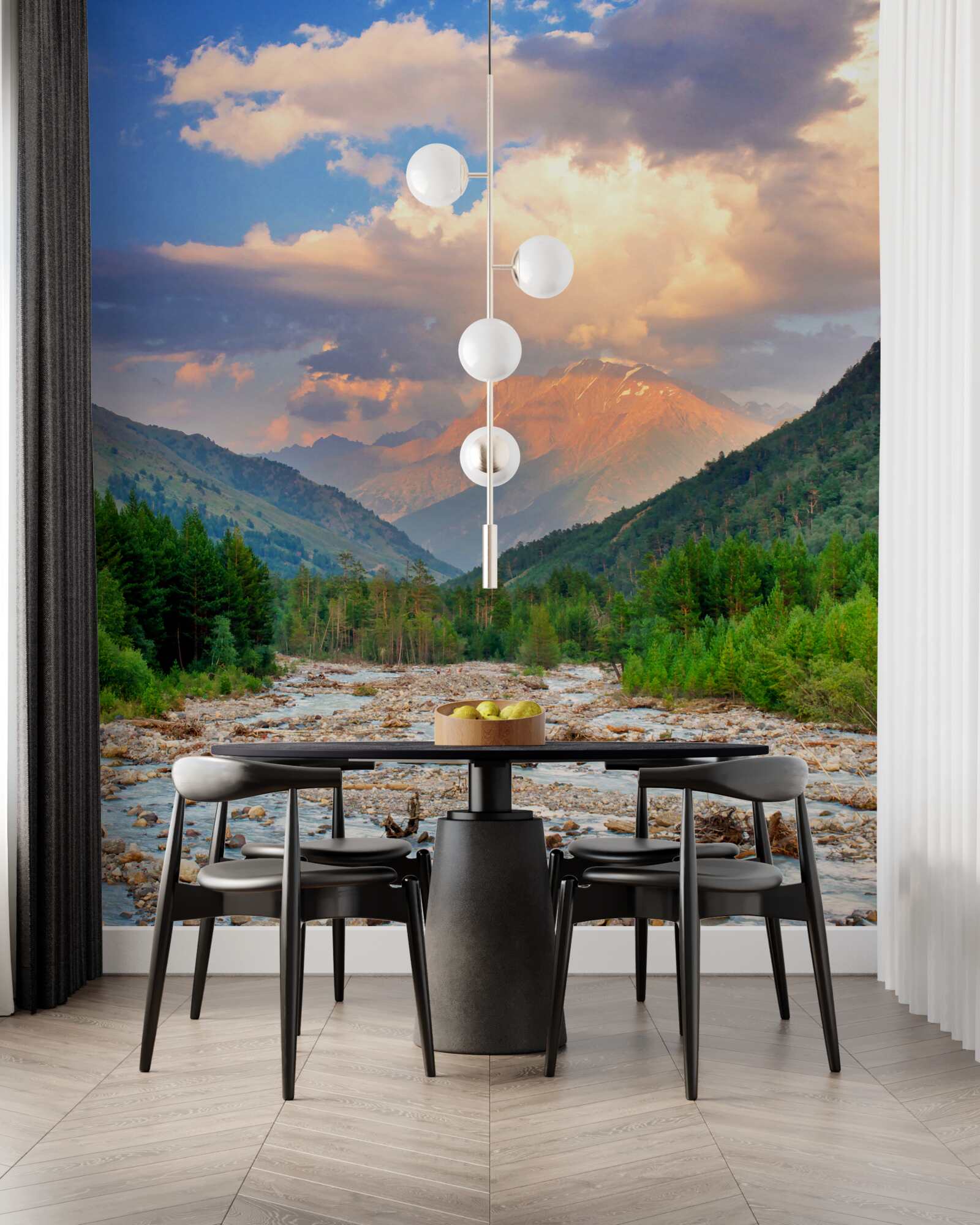 Papier peint rivière de montagne au soleil du soir