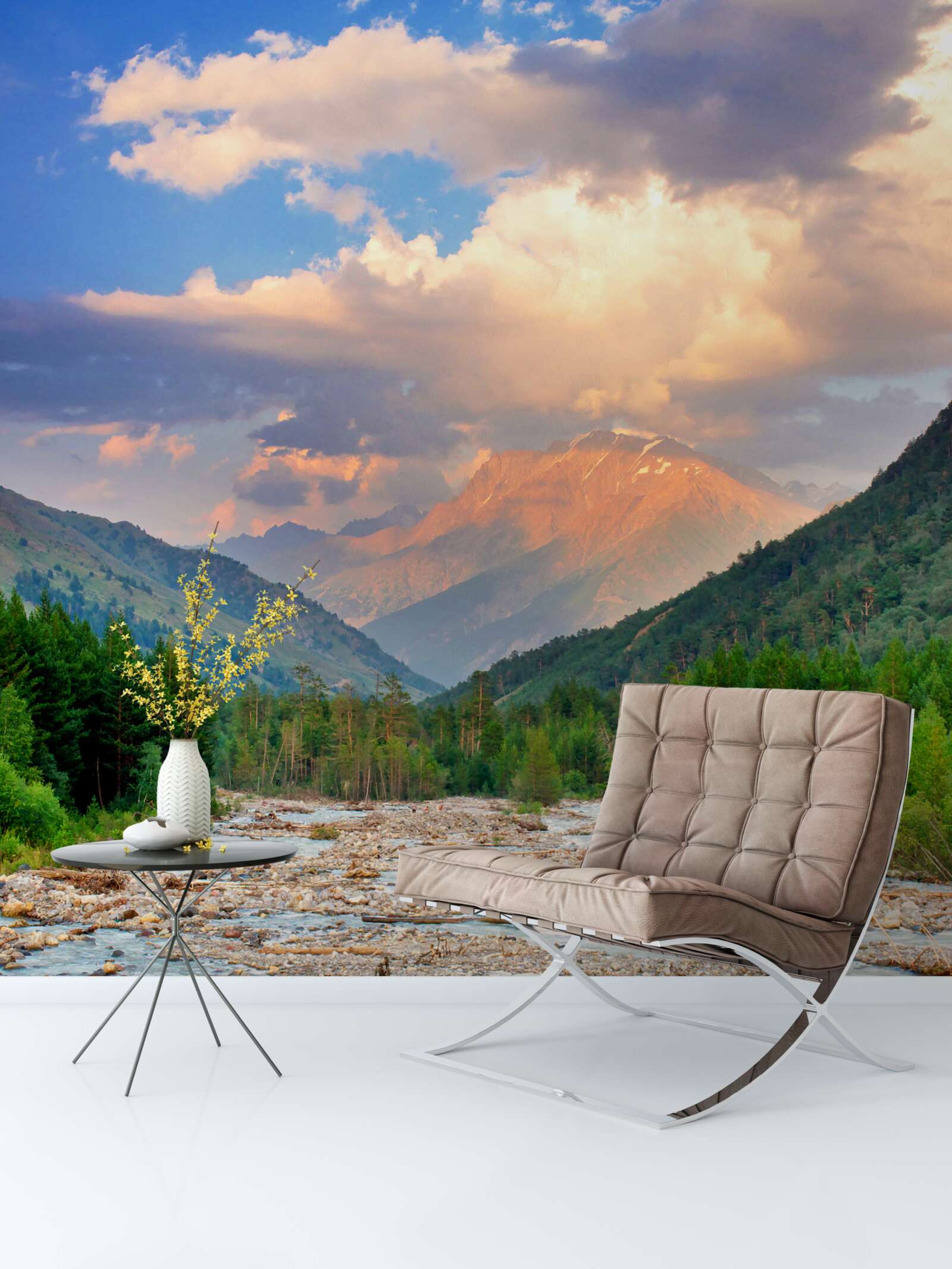 Papier peint rivière de montagne au soleil du soir