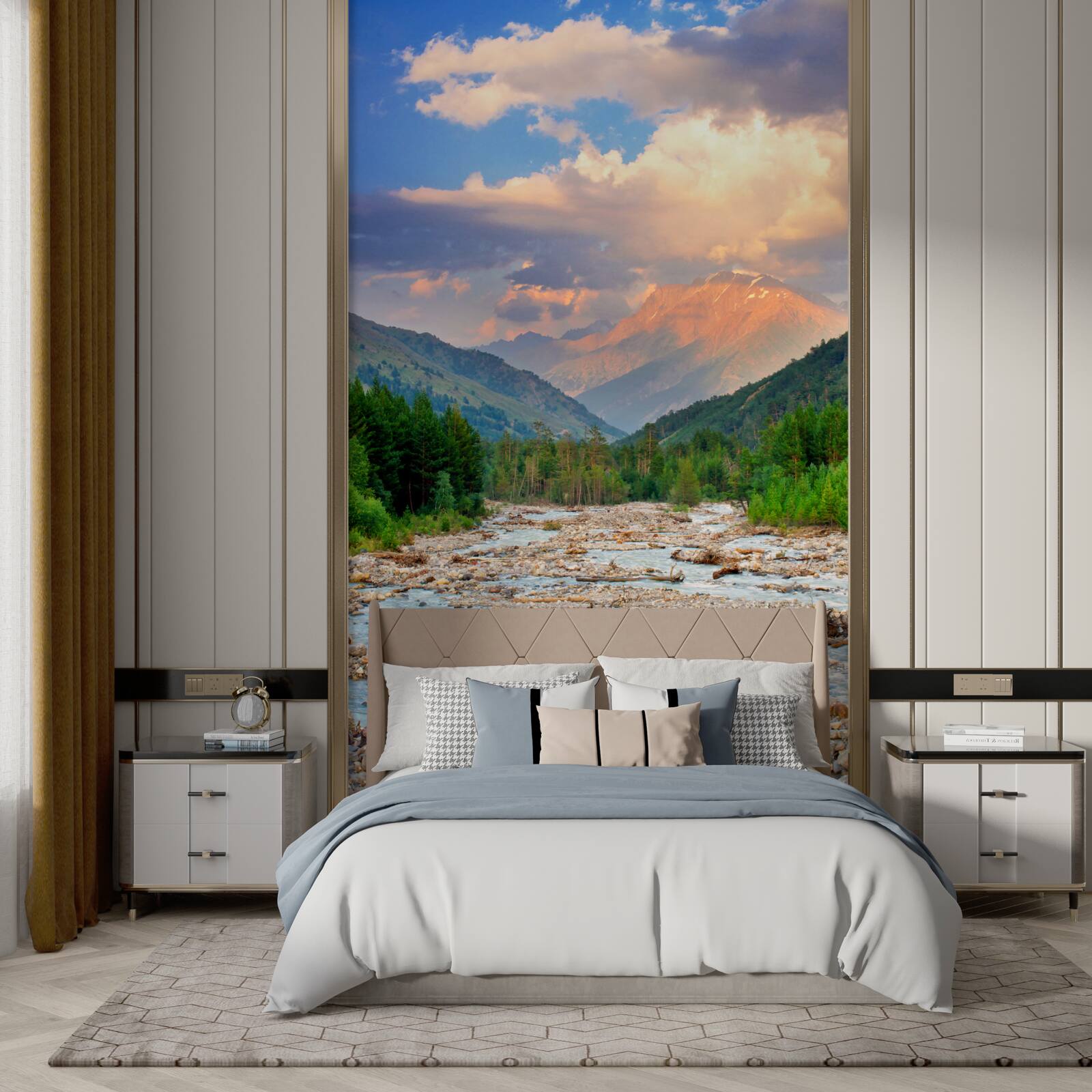 Papier peint rivière de montagne au soleil du soir