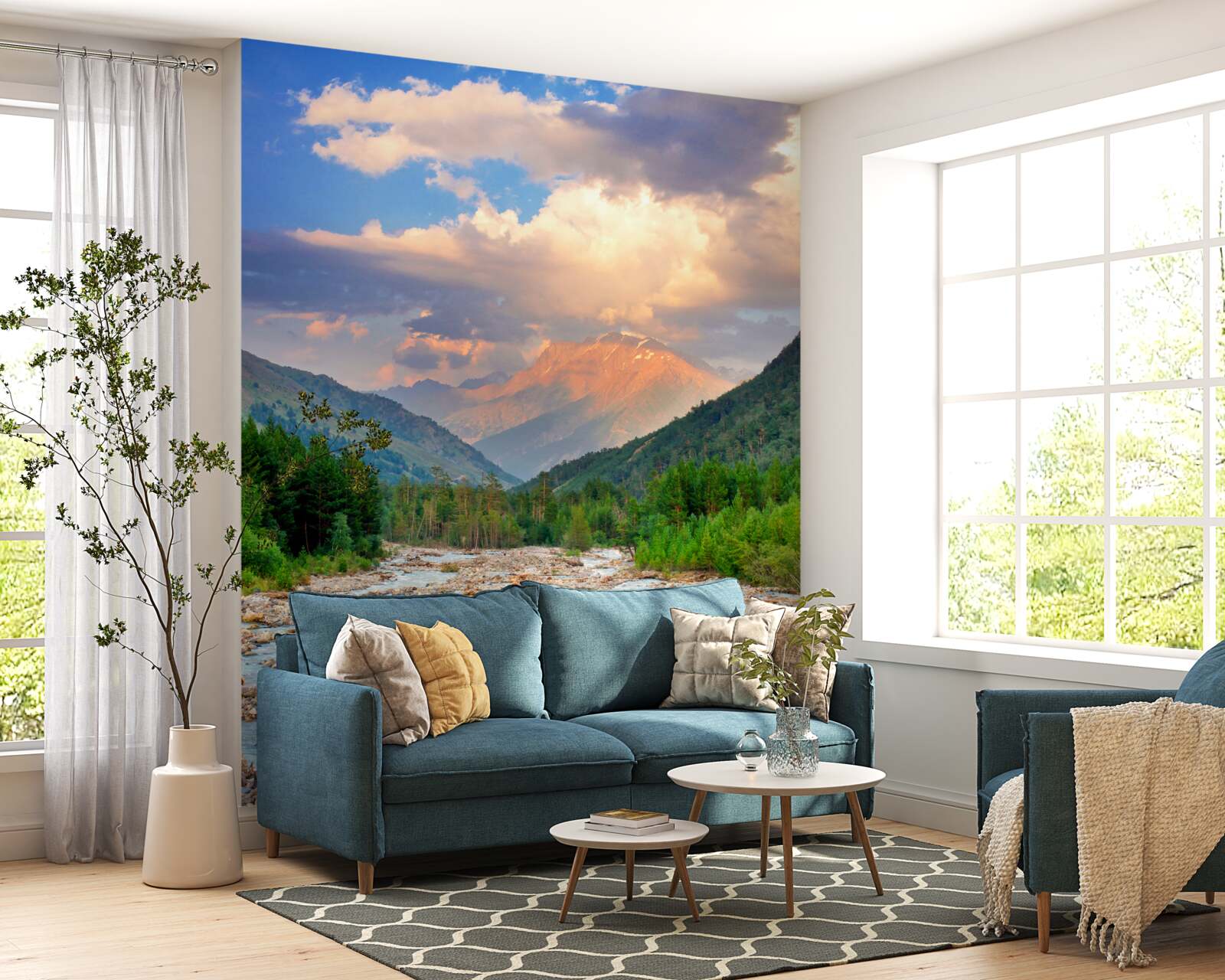 Papier peint rivière de montagne au soleil du soir