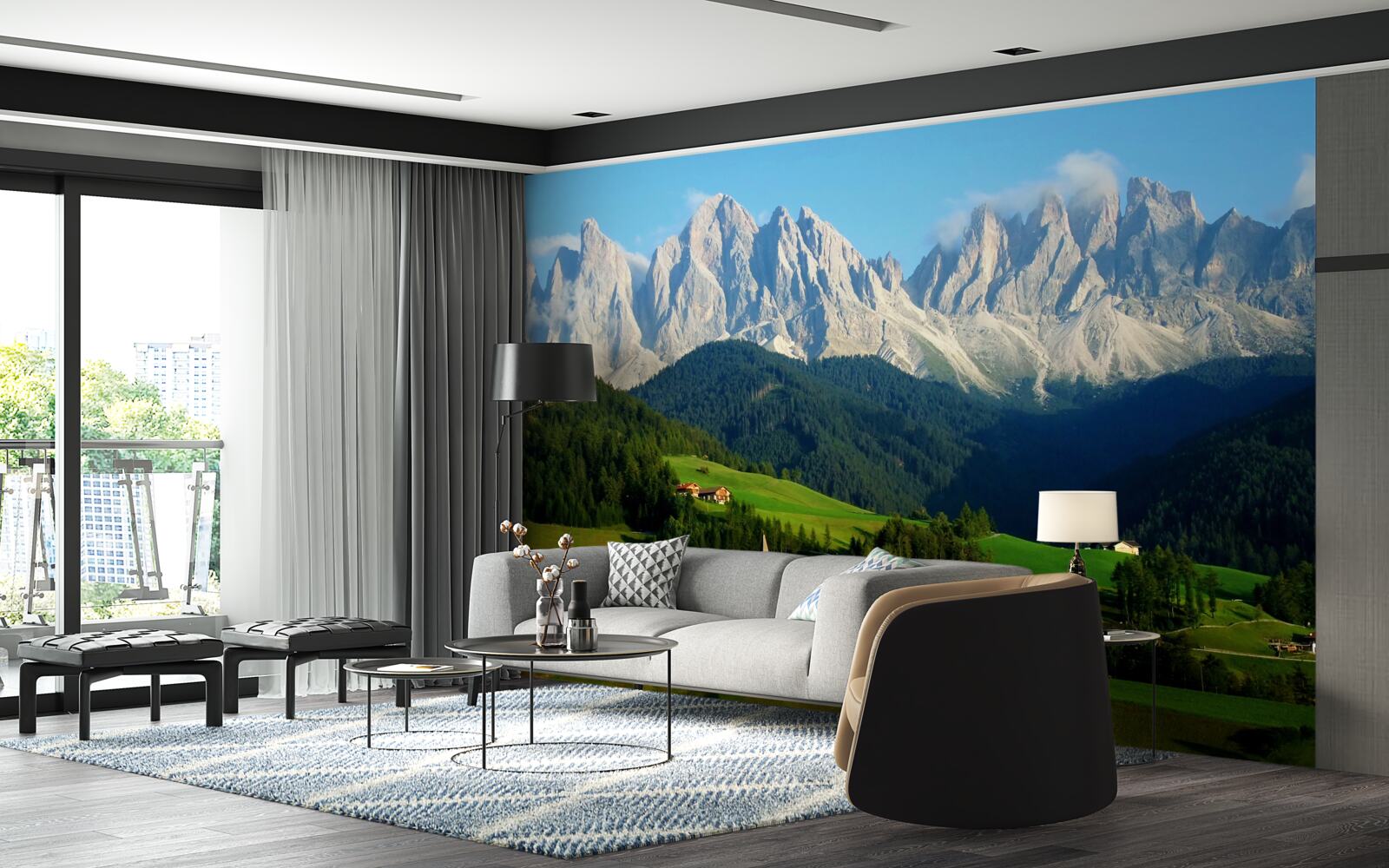 Papier peint village dans une clairière au pied des montagnes