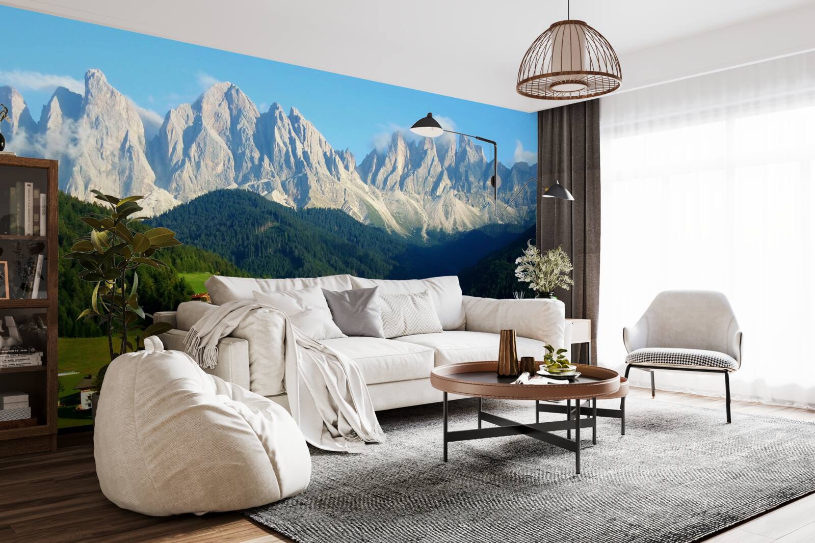 Papier peint village dans une clairière au pied des montagnes