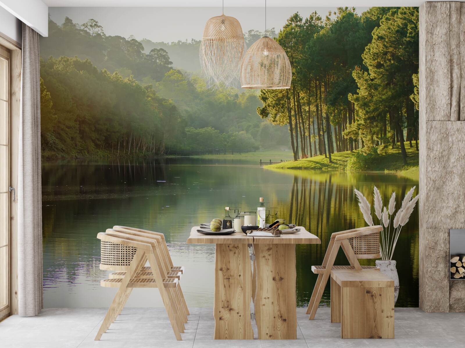 Papier peint la brume matinale se répand dans la forêt