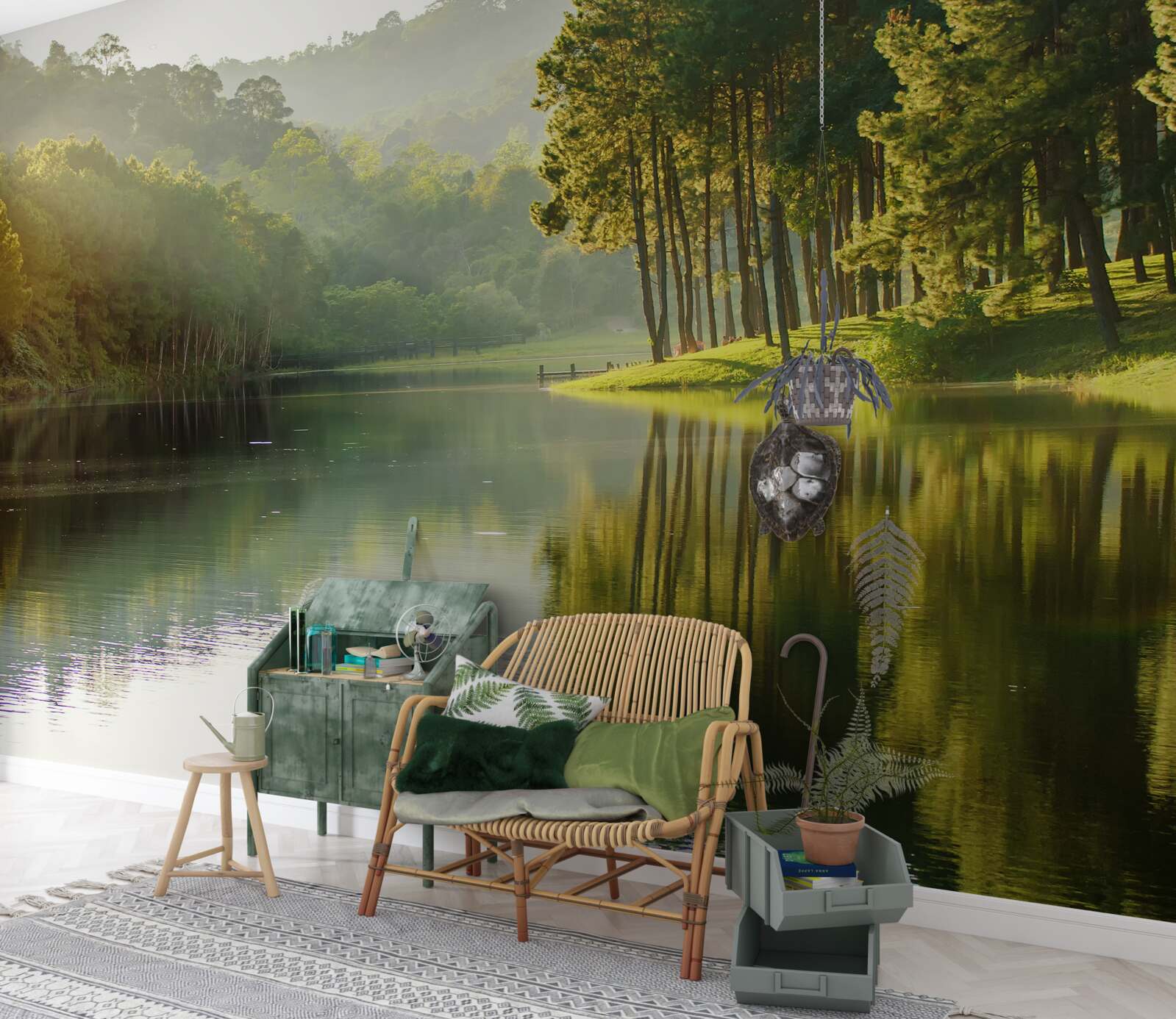 Papier peint la brume matinale se répand dans la forêt