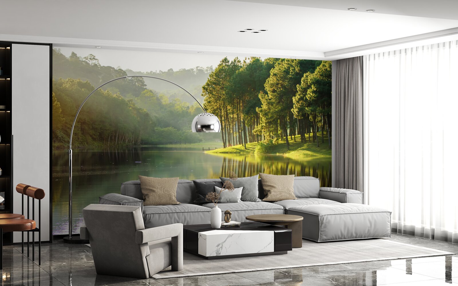 Papier peint la brume matinale se répand dans la forêt