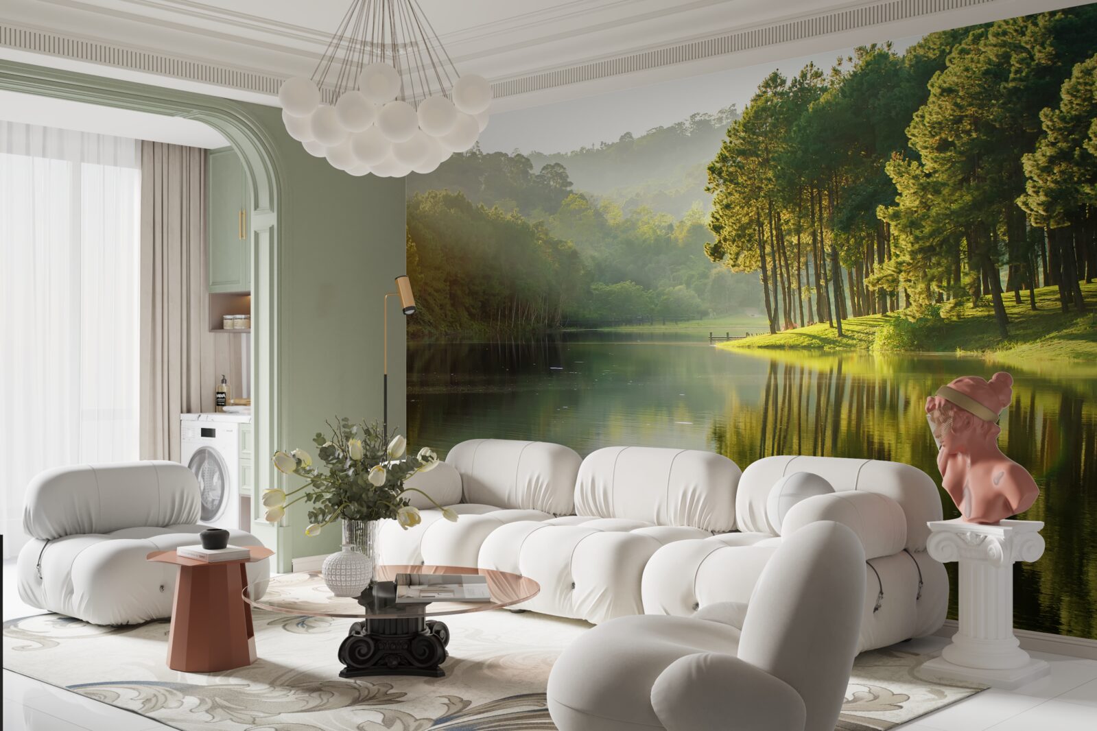 Papier peint la brume matinale se répand dans la forêt