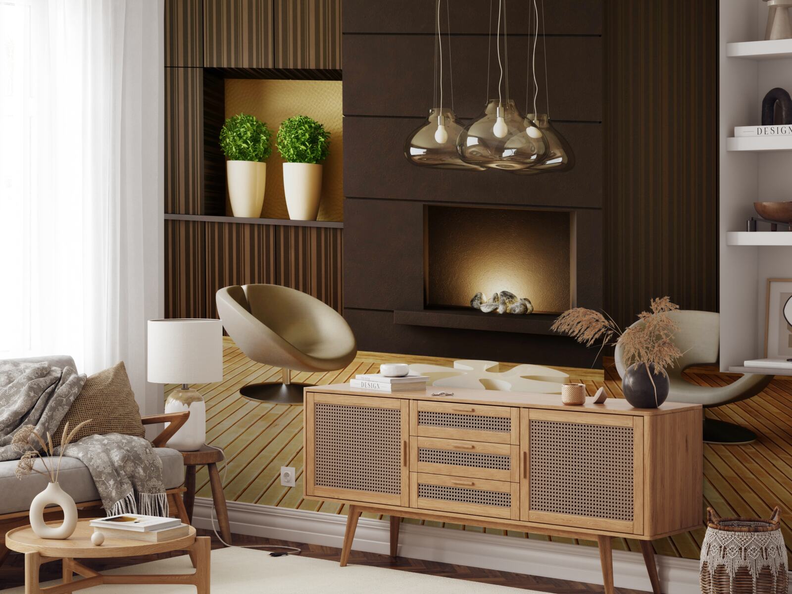 Papier peint espace de communication près de la cheminée