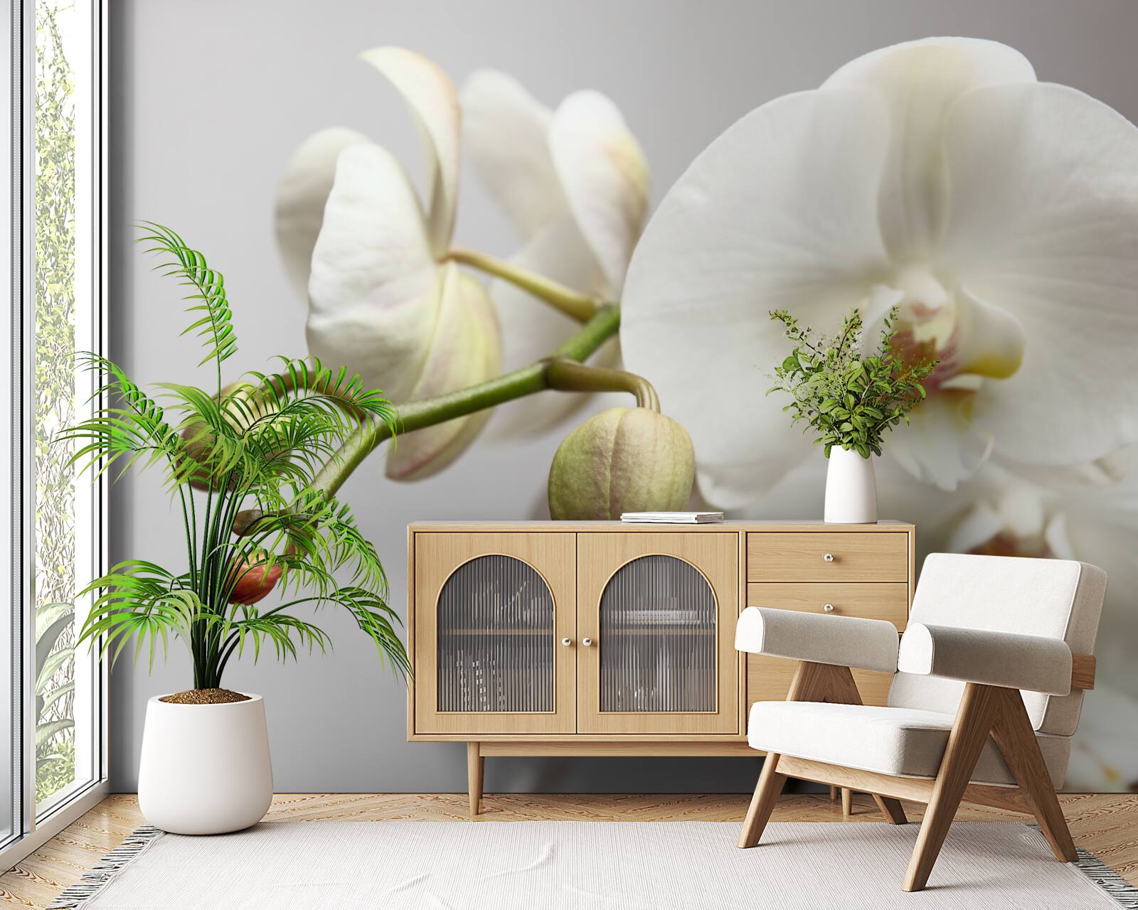 Papier peint branche d'orchidée blanche avec fleurs épanouies et bourgeons non développés